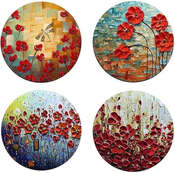 Red Watercolor Flowers Round Coaster Set - Made of Recycled Rubber - Set of 4