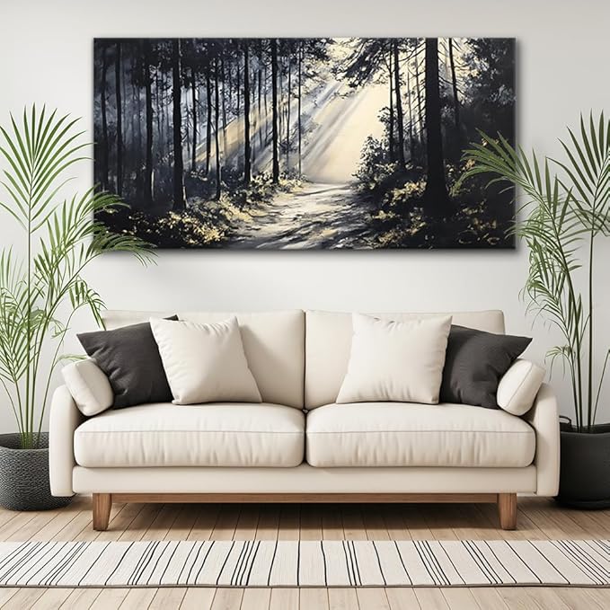 LAVIKARS Rustic Sunlight Forest Wall Art for Living Room Office Black and White Modern Landscape Canvas Painting Prints Large Nature Artwork Home Kitchen Bedroom Decor (20x40 Inches)