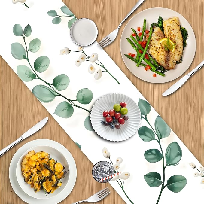 Eucalyptus Table Runner with White Berries – 13x72 Inch Greenery-Inspired Linen-Look Fabric, Rustic Farmhouse Table Decor for Dining Room, Kitchen, Wedding, Spring & Everyday Use