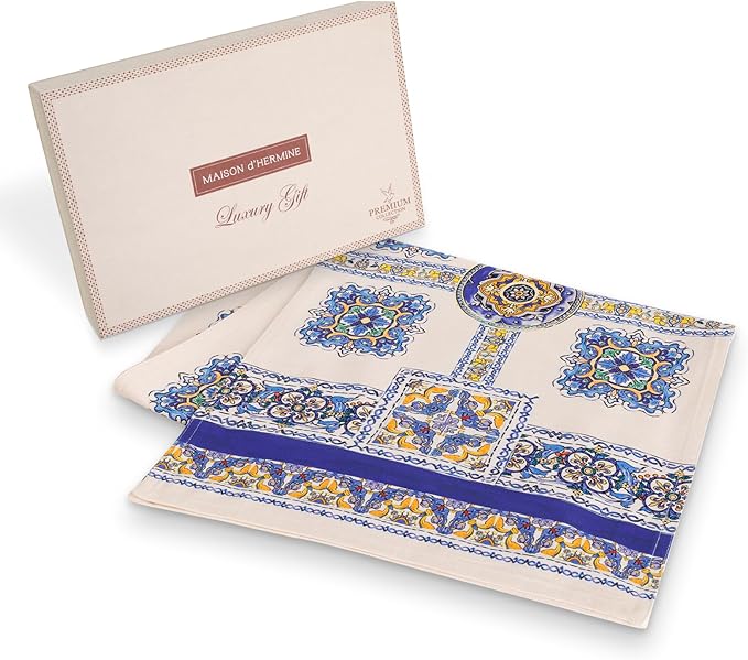Maison d' Hermine Tablerunners 100% Combed Cotton Premium Table Runner Decorative Table Cover, Home, Kitchen, Parties & Camping, Sciacca, Double Layer - (14.50"x72")