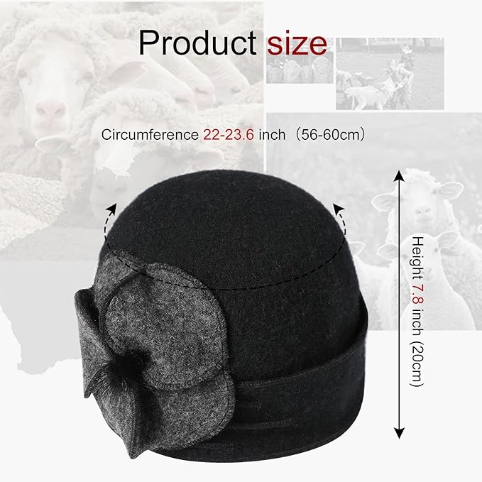 Sumolux Beanie Hats for Women Wool Skull Cap Beret Floral Cuffed French Vintage Dress Cloche Classic Winter 1920s
