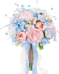 8.6in Wedding Bouquets for Bride Bridesmaid, Baby Blue Blush Pink Creamy White Bouquet with Crystal Pastel Flowers Artificial Fake Silk Roses for Wedding Rainbow Spring Beach Decoration Toss Bouquet