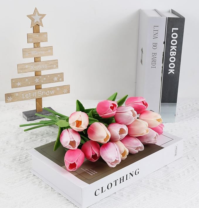 IPOPU Tulips Artificial Flowers 24pcs Multi Pink Flowers Artificial for Decoration Fake Tulips Fake Pink Flowers Floral Arrangements Faux Tulips for Table Home Wedding Centerpieces Decor (Multi Pink)