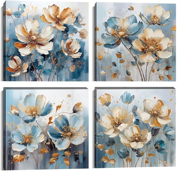 Pankila White Flower Wall Art Floral Pictures for Living Room Bedroom Bathroom Blue and White Canvas Flowers Wall Decor Life Poster Home Decorations Framed Artwork Ready to Hang (16''W x 16''H x 4)