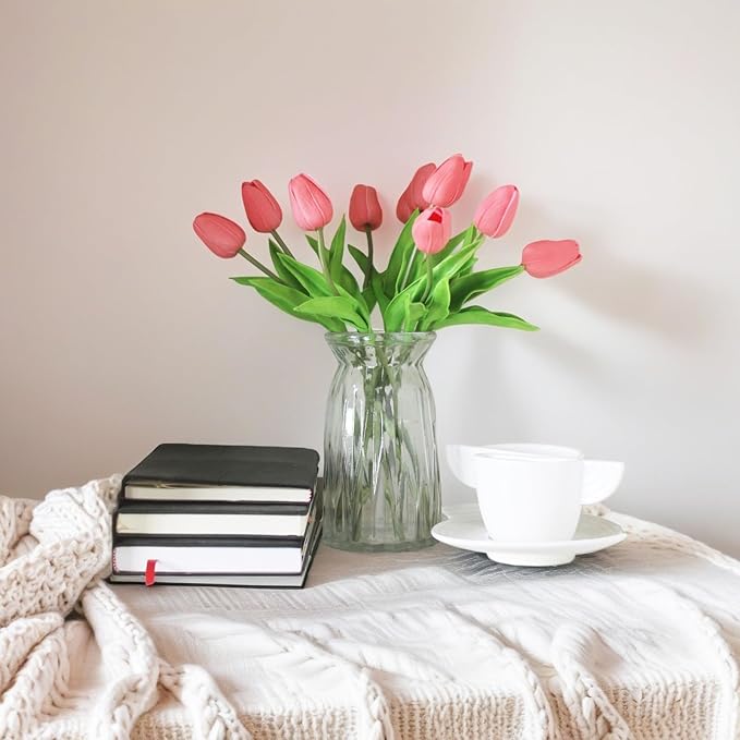 10-Heads Artificial Flowers PU Mini Real Touch Tulip Bouquets for Home Wedding Party Centerpiece Decoration (Gradient Coral)