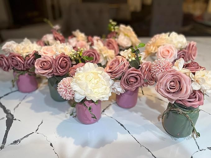 Roses Artificial Flowers Dusty Pink Bouquet Box Set Fake Flower for DIY Bridal Wedding Shower Decorations Faux Silk Floral Arrangements for Party Table Centerpieces Home Decor Indoor Blush