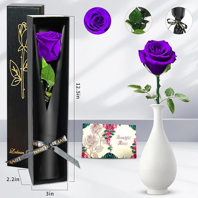 Purple Single Forever Roses in a Box,Preserved Flowers for Delivery,Preserved Rose Gifts for Women, Real Roses Gift for Her, Mom Birthday Gifts, Mothers Day Flowers,Valentines Flowers