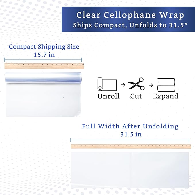FIESTA WRAPS Clear Cellophane Wrap Roll (31.5 in x 110 ft) - Cellophane Roll - Clear Wrapping Paper to Wrap Gift Baskets - Gift Basket Wrapping Supplies - Papel Celofán Transparente