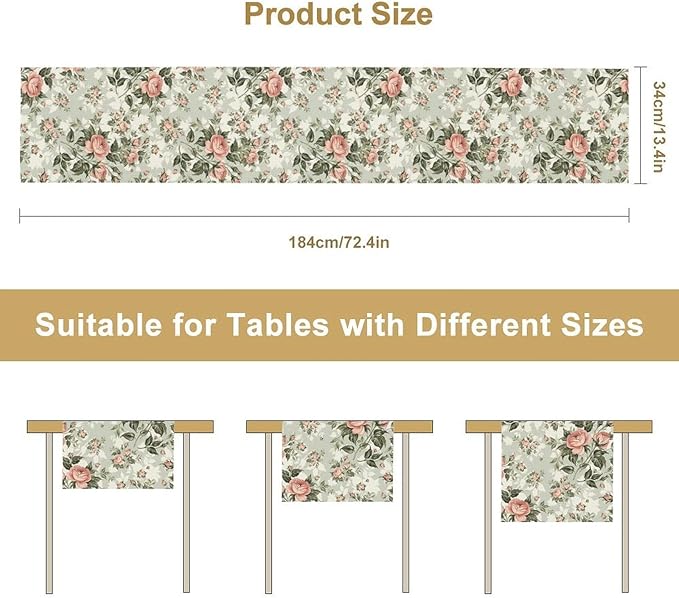 Rose Floral Table Runner, Green Pink Rose Leaf Classic Vintage Decorative Table Runner for Kitchen Dining Party Wedding Home Decor, 13x70 Inch