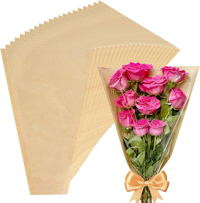 MYGOGOART 50 Pcs Flower Bouquet Wrapping Paper Flower Bags Sleeves for Bouquets Kraft Paper Floral Wrap Bags Flower Bouquet Supplies(14 x 22 x 4.7 inches)