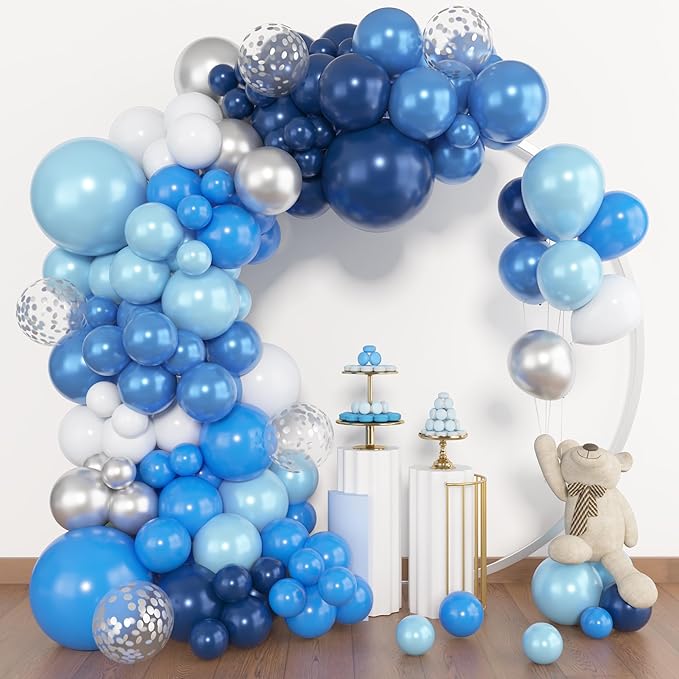 Amandir 134Pcs Blue Balloons Arch Garland Kit, Different Sizes 12 10 5 inch Navy Royal Light Blue Latex Confetti Balloons for Boys Birthday Baby Shower Winter Wonderland Graduation Party Decorations