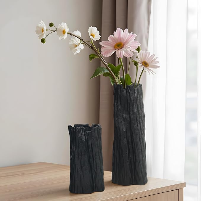 Black Matte Ceramic Vase, Organic Nature Shape, 7.5 Inch Boho Nordic Ins Style Decorative Flowers Vase, Living Room Bedroom Entryway Minimalist Centerpiece Decor, Birthday Gifts for Women