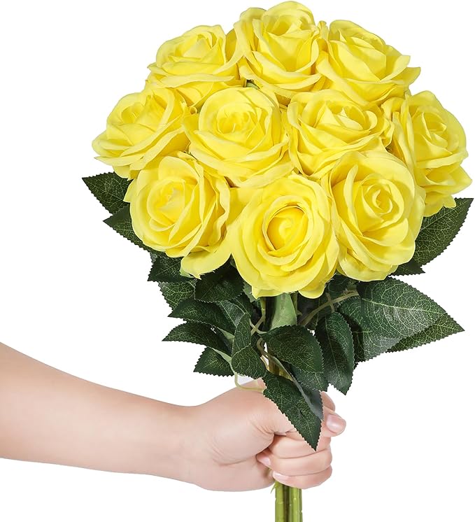 DuHouse 10pcs Silk Roses Artificial Flowers Fake Rose for Arrangement Wedding Party Home Decoration(Lemon)