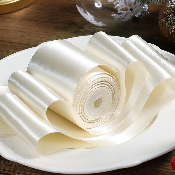 LaRibbons Ivory Satin Ribbon 3 Inch x 10 Yards Double Faced Luxury Silk Ribbon for Christmas Gift Wrapping, Holiday Bows, Christmas Wreath Sash Wedding Decorations and Party Crafts