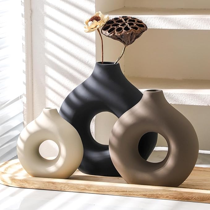 Ceramic Vase Home Table Decor - Flower Vases Set of 3 Small Living Room Centerpiece Decorations for Shelf Bedroom Office Kitchen Dining Desk Modern Aesthetic Farmhouse Decorative (Classic)