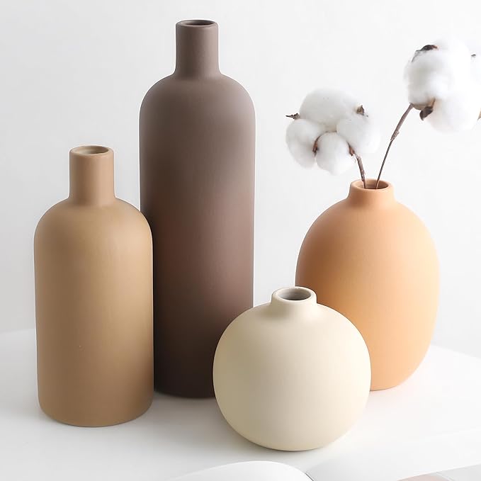Ceramic Neutral Vase Set for Farmhouse Home Decor, Rustic Decorative Vases for Boho Living Room Centerpieces, Entryway Decorations, Coffee Table, Bookshelf, Fireplace Mantel, Set of 4