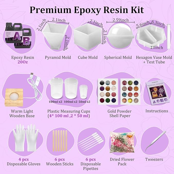 K KERNOWO Epoxy Resin Kit with Light for Beginners, Resin Kit and Molds Complete Set DIY Crafts for Adults Women, Epoxy Set with Vase Mold, 3D Dried Flowers, Measuring Cups and Resins Supplies-20OZ