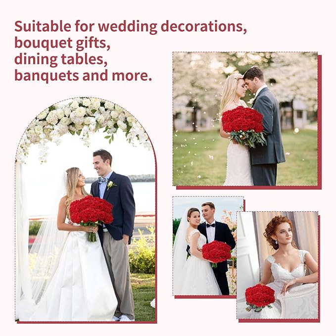 52 PCS Red Roses Artificial Flowers, Fake Red Rose Bouquet, Artificial Silk Red Roses with Stems for Wedding Flowers Decoration, Valentines Day Mothers Day, Bridal Bouquet Roses