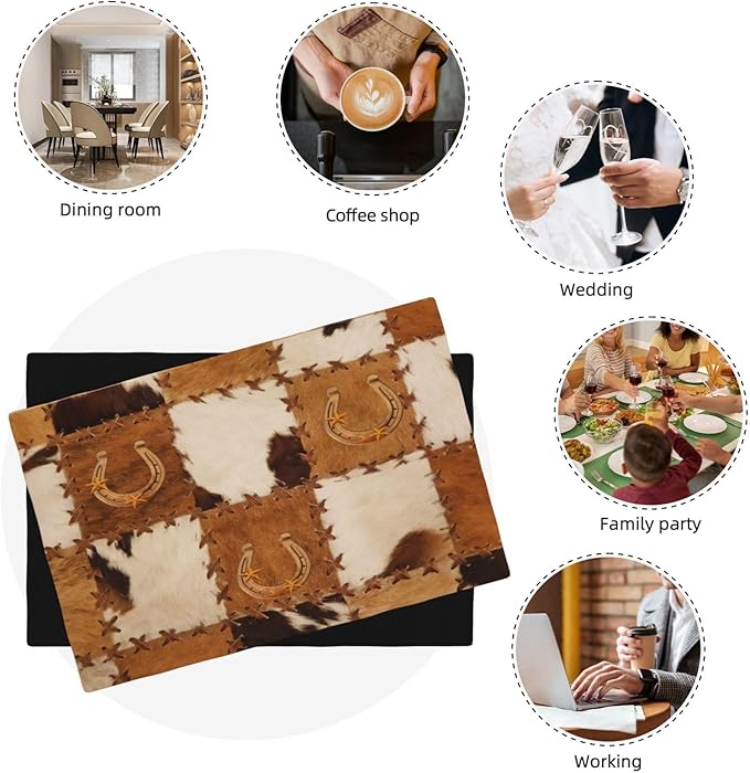 Vintage Cowhide Animal Placemats, Old West Country Cow Animal Fur Patchwork Abstract Horseshoe Print Washable Fabric Placemats Table Kitchen Dining Party 12x18 Inch Set of 6