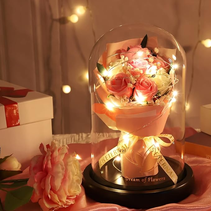 Christmas Rose Gifts for Her,Christmas Flower Gifts for Women,Forever Flowers Rose in Glass Dome with 2 Light Modes,Light Up Rose Valentines Anniversary Birthday Gifts for Women, Mom,Wife,Girlfriend