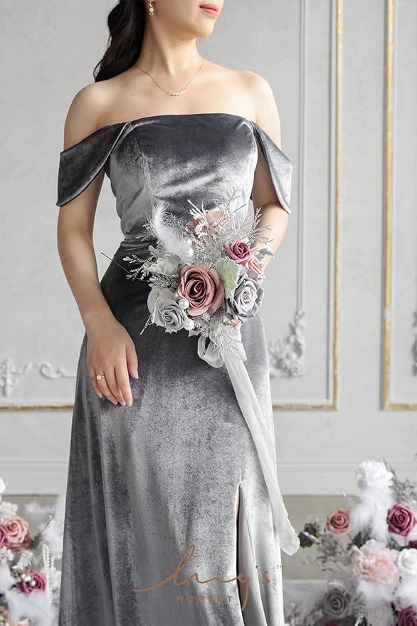 Ling's moment Artificial Flowers 25Pcs Shimmer Grey Roses Decor w/Stems,3" Real Touch DIY Foam Floral for Wedding Bouquet/Centerpieces, Outdoors Party Backdrop, Room/Table, and Garden/Pot Decorations