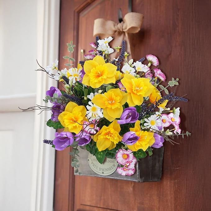 Fake Flowers Outdoor 15.7" Summer Artificial Wildflowers Bouquet Mixed Bush Faux Silk Flowers for Home Planter Porch Garden Cemetery Table Centerpieces Indoor Décor (Daffodils Tulips Daisies)