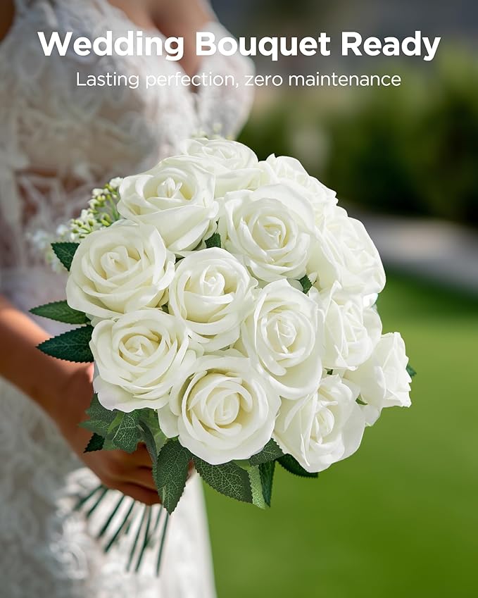 InnoGear 50 Pcs White Roses Artificial Flowers, Fake Velvet Silk Rose Bulk Faux Flower for Decoration DIY Wedding Centerpieces Proposal Bridal Bouquets Shower Party Home Floral Decor (50, White)