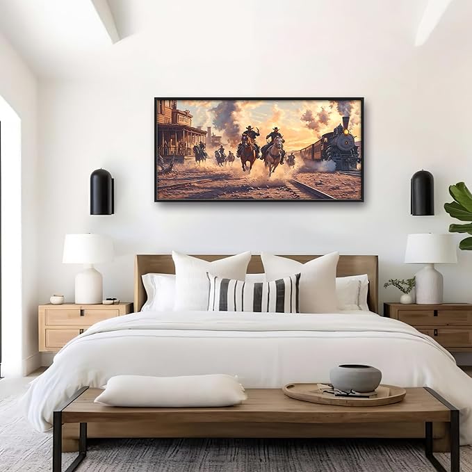 Western Coyboys Large Wall Art Framed Wall Decor for Living Room Western Vintage Pictures Oversized Canvas Print Painting Modern Extra Large Framed Artwork for Bedroom Office 60"x30"