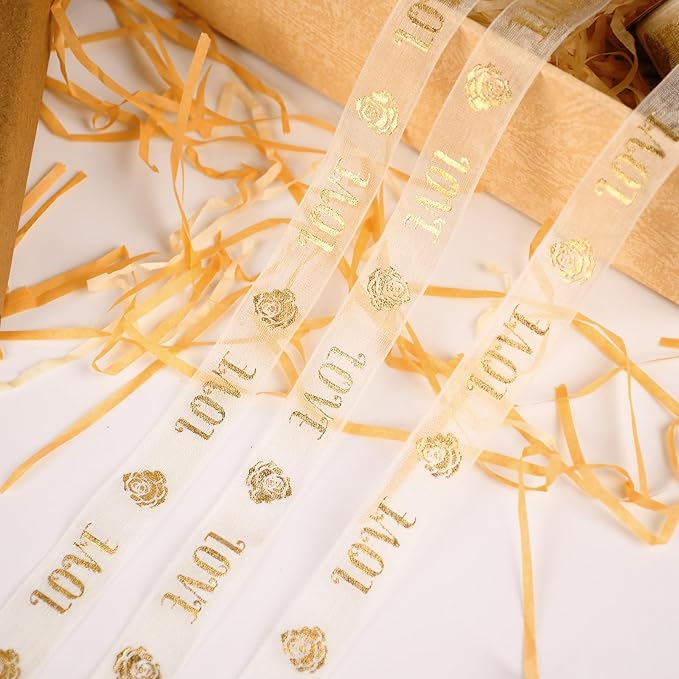 ‌SAYUAN Gold Love Ribbon 5/8 Inch x 30 Yards Organza Ribbon with Gold Love Pattern for Valentine's Day Birthday Christmas Gift Wrapping Handmade Crafts Floral Bouquet Wedding Party Decoration