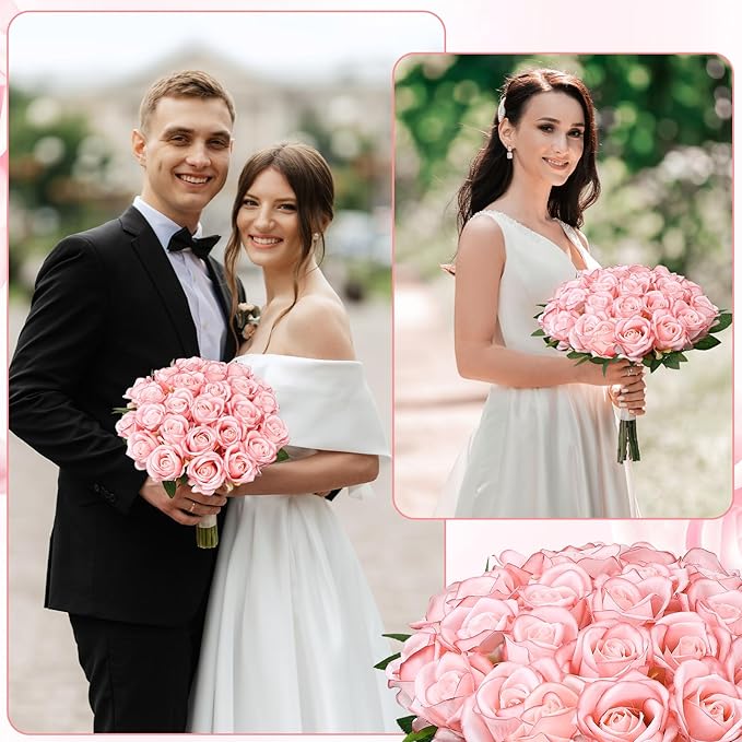 80 Pcs Roses Artificial Flowers, Silk Light Pink Artificial Flowers Petals Long Stem Roses for Wedding Bouquet Home Party Decor