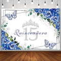 SENDY 8x6ft Quinceañera Backdrop Mis Quince 15 Anos Birthday Party Decoration Supplies for Girl Princess Royal Blue Floral Butterfly Silver Crown Photography Background Banner Photo Booth Studio Props