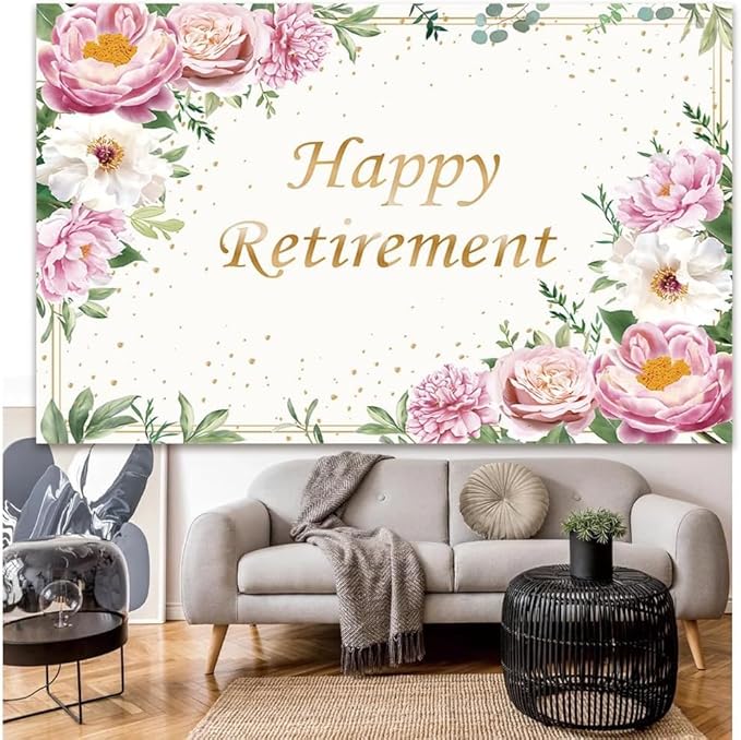 10x7ft Happy Retirement Backdrop for Women Pink Rose Gold Dots Retirement Party Banner White Floral Greenery Leaves Decoration Lady's Retirement Party Decor Congrats Retire Photo Booth Props