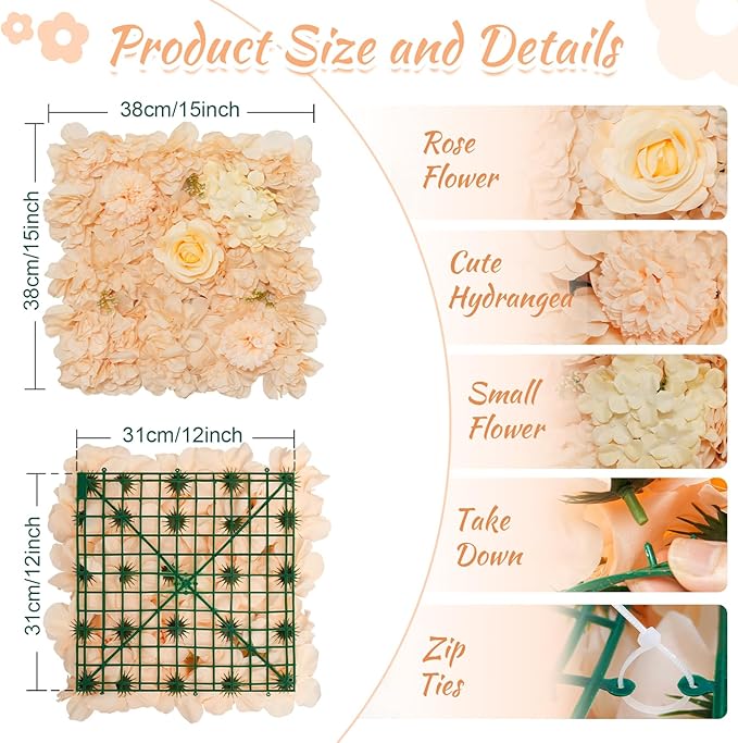 Artificial Rose Flower Wall Backdrop for Bridal Shower - 5ftx3.74ft Champagne Wedding Fake Floral Wall Background - Birthday Party Decorations