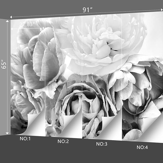 Grey Peony Floral Wallpaper Bedroom Black and White Flowers murals Aesthetic Room Decor Living Room tv Background Large Wall Mural - 91"x65" Not Peel and Stick