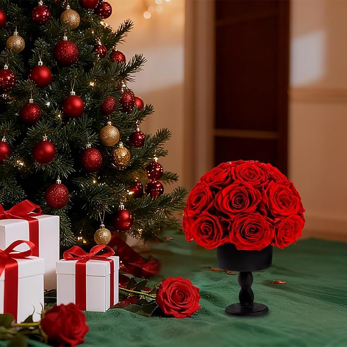 Eternal Rose Dome with Vintage Pedestal, 23 Forever Preserved Roses Arrangement for Home Decoration, Ideal Gift for Christmas,Valentine's Day, Mother's Day, Birthdays-Red