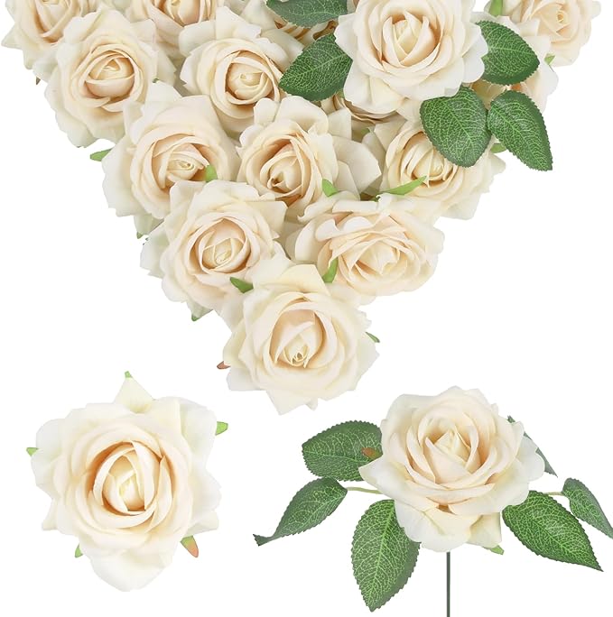 Champange Roses Artificial Flowers 16pcs Velvet Artificial Roses with Stems 3.15" Fake Roses for Bridal Bouquet Wedding Flowers for Floral Centerpieces Home Party Decor (Champange)