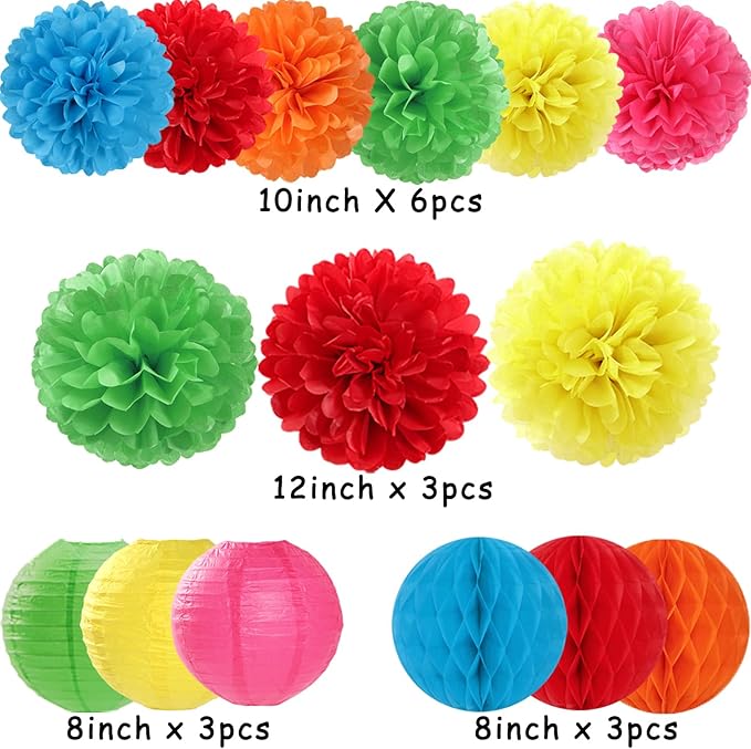 Rainbow Colourful Paper Flowers Tissue Pom Poms Honeycomb Lanterns 15pcs Party Decorations for Mexican Fiesta Cinco De Mayo Taco Carnival Birthday Wedding Baby Shower Hanging Decor Mprocherify