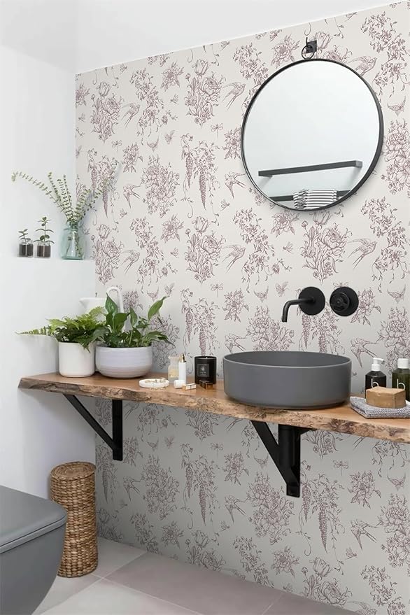 Vintage Floral Peel and Stick Wallpaper Red Floral Contact Paper 16.9"x118.1" Cream White and Red Flowers Bird Self Adhesive Wallpaper for Bathroom Waterproof Removable Wall Paper Cabinets Decorative