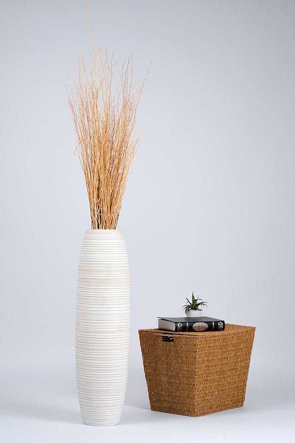 Leewadee Large White Home Decor Floor Vase - Wooden 34 inch Tall Farmhouse Decor Flower Holder for Fake Plant and Pampas Grass