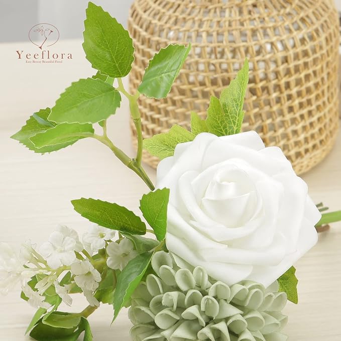 Artificial Flowers, 25pcs Realistic Artificial Rose for DIY Wedding Bouquets Centerpieces Arrangements, Sage Green Dahlia Flowers with Stem for Bridal Shower Party Home Decorations