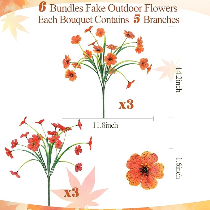 MACTING Artificial Fall Flowers for Outdoors 6 Bundles Faux Mums Outdoor Plants UV Resistant Fake Silk Flowers for Planters Front Door Porch Patio Indoor Outside Autumn Thanksgiving Decor,Orange & Red