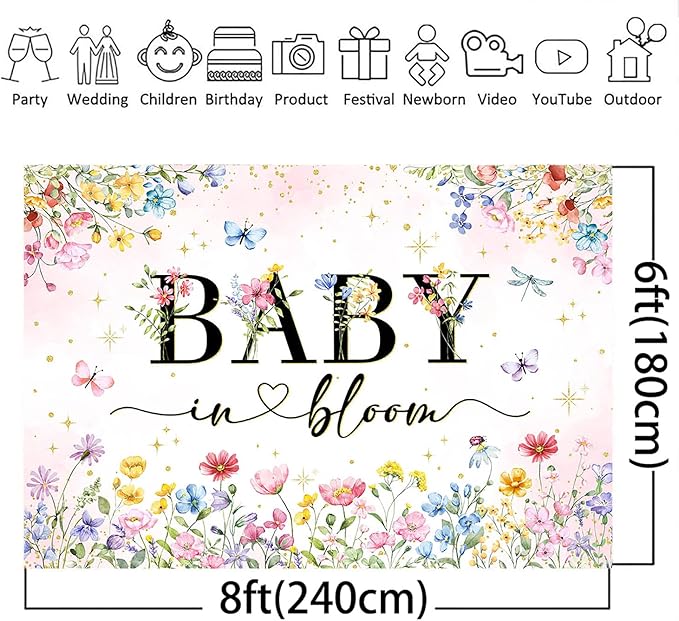 Mocsicka Wildflower Backdrop Baby in Bloom Floral Baby Shower Decorations Girls Butterfly Golden Dot A Little Wildflower is On The Way Decorations for Baby Shower Background Banner