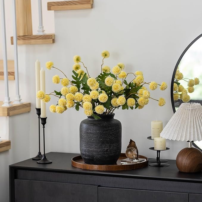mizii 6Pcs Yellow Fake Silk Pompon Mum Artificial Flowers Bulk Small Faux Chrysanthemums with Stems Realistic Floral Decorations for Wedding DIY Bouquet Centerpieces Shower Vase Home Decor (Yellow)