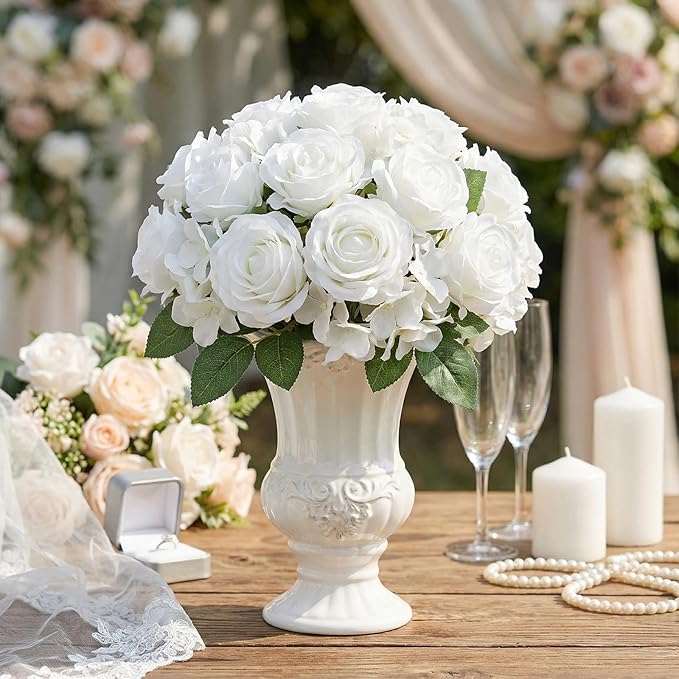 Havawish 60 Pcs Artificial Roses Fake Hydrangea Flowers with Stems, 30 Artificial Hydrangea 30 Fake Roses, Bridal Bouquet Realistic Faux White Flower Bulk for Wedding Garden Decorations