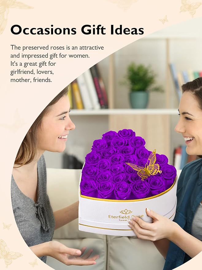 Eterfield 27 Forever Flowers in Heart Shape Box, Preserved Roses That Last a Year Preserved Flowers Birthday Gifts for Her Mom Women Wife Anniversary Valentines Day Mothers Day Christmas, Purple