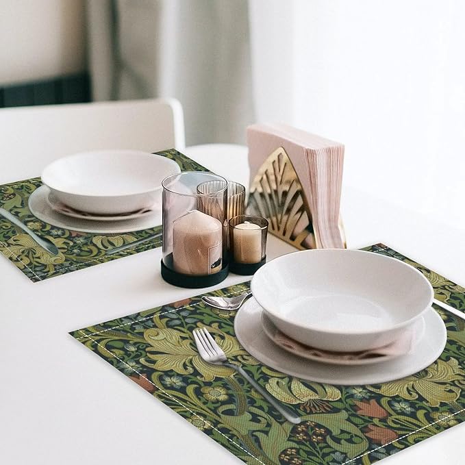 Vintage Floral Placemats Set of 6, William Morris Retro Boho Botanical Plant Place Mats, Heat Resistant Non Slip Cotton Linen Dining Table Mats for Home Kitchen Party 18x12 Inch