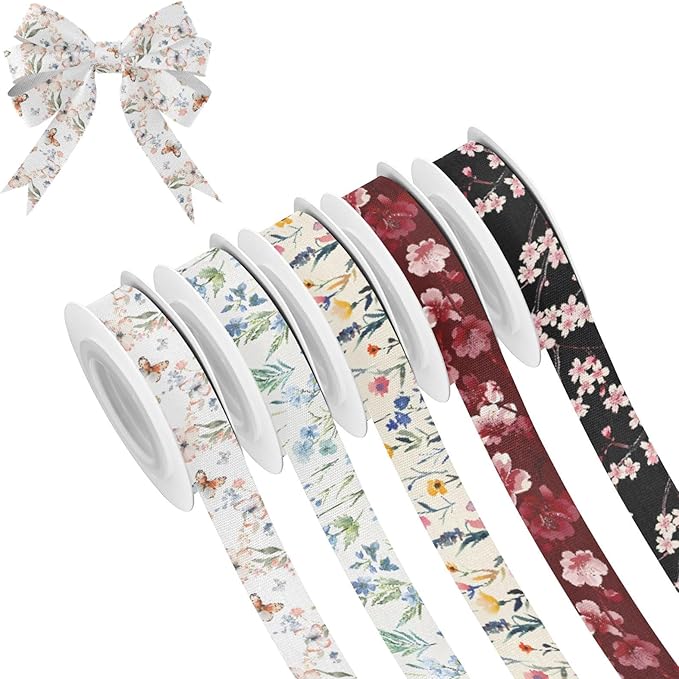 Butterfly Florals Fabric Ribbon for Gift Wrapping Crafts Flower Bouquet Wedding Party Decorative Assorted Patterns 5 Yards×5 Rolls