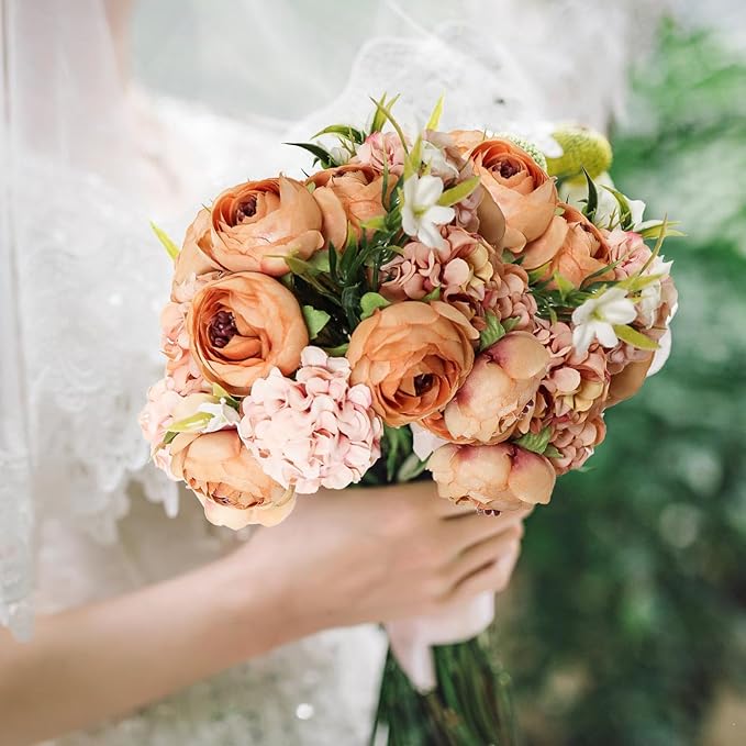 Zerzsy Artificial Flowers Bouquets, Mixed Orange Artificial Peonies, Fake Flowers Bride Holding Flower Faux Floral for Wedding Bridal Bouquet Home Table Centerpiece Floral Decoration