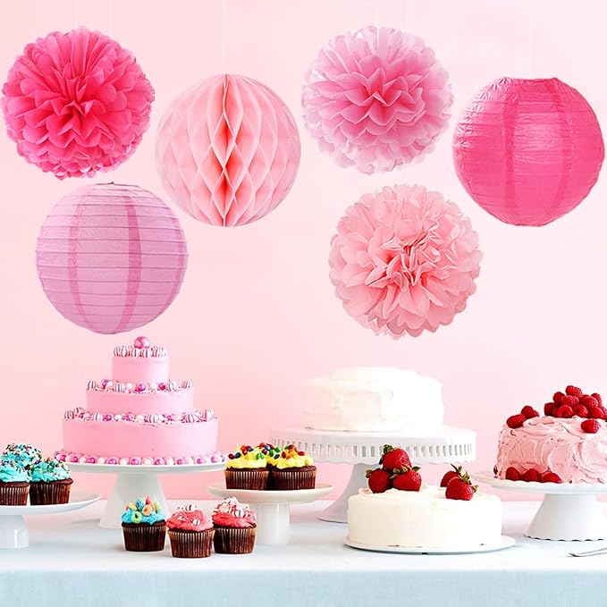 Hot Pink Paper Flowers Tissue Pom Poms Honeycomb Lanterns 15pcs Party Decorations for Birthday Bachelorette Women Girls Night Baby Shower Bridal Wedding Valentine Hanging Supplies Mprocherify