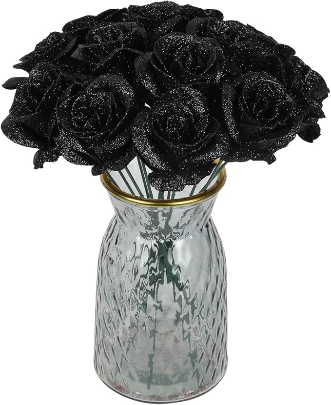 Black Glitter Roses,30PCS Fake Roses Flowers Artificial Roses with Stems for DIY Crafts Wedding Bouquet Party Home Decor(Black)